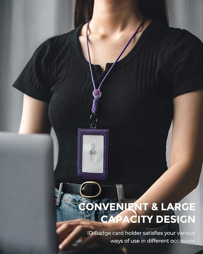VULKIT ID Badge Holder with Lanyard for Women and Men Vertical Leather Badge Holder with Clear ID Window Card Holder Slot and Money Pocket Purple