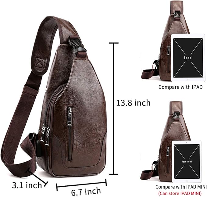Seoky Rop Men Sling Bag Anti Theft Shoulder Bag Small Leather Crossbody Sling Backpack with USB Charge Port Dark Brown
