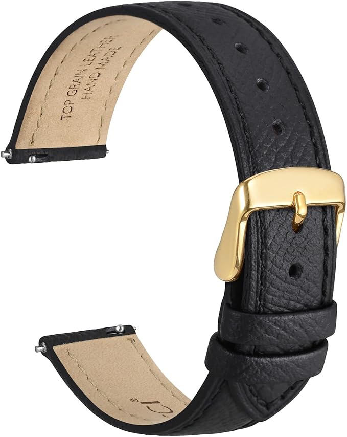 WOCCI 20mm Grace Watch Band for Ladies, Top Grain Leather, Quick Release Replacement Strap with Gold Buckle (Black)