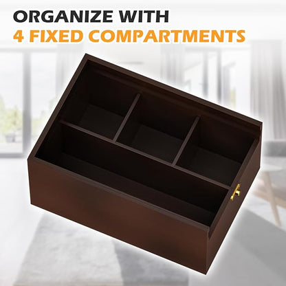 Bamboo Storage Box with Lid – Wooden Organizer with 4 Compartments, Sliding Cover & Metal Clasp Lock, Multi-Purpose Rectangular Stash Box, Eco-Friendly Bamboo Box for Home & Office