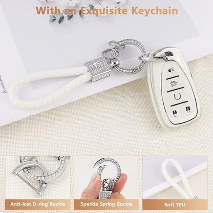 PIFOOG Key Fob Cover for Chvy Keychain Bling White Silver TPU 5 Button Car Keys Case Shell Protector for Equinox Traverse Blazer Trailblazer Malibu Camaro Spark Women Girly