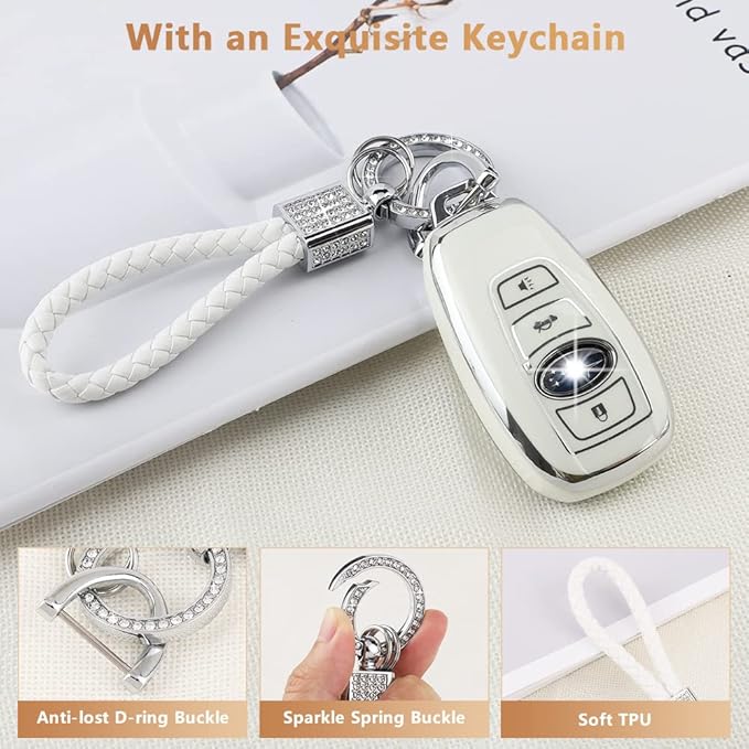 PIFOOG Key Fob Cover for Subaru TPU Keys Case Shell Protector 4 Button Bling Keychain for Subaru Outback Crosstrek Ascent Impreza Forest WRX BRZ Legacy Girly Women Silver White