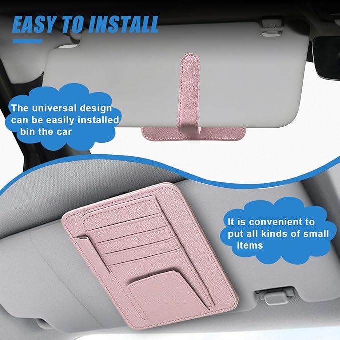 Small Leather Car Sun Visor Organizer - Multifunctional Car Interior Sunglass Holder Auto Visor Document Holder - Auto Card Sleeve Pocket Pouch Organizer for Driving License Registration Pen (Pink)
