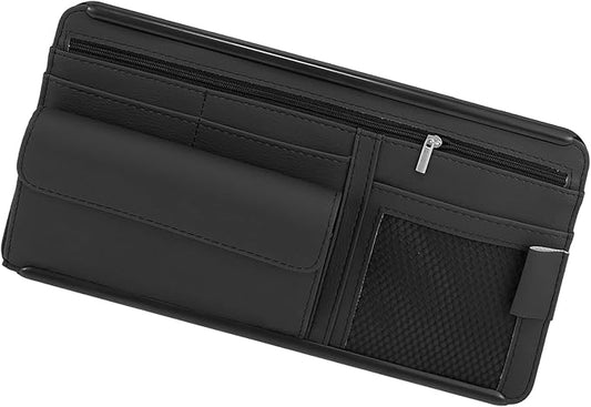 ACROPIX Black Universal Car Sun Visor Organizer Sunglasses Case Storage Pocket Hook and Loop Tape ABS PU Leather for SUV RV Truck Car Parts