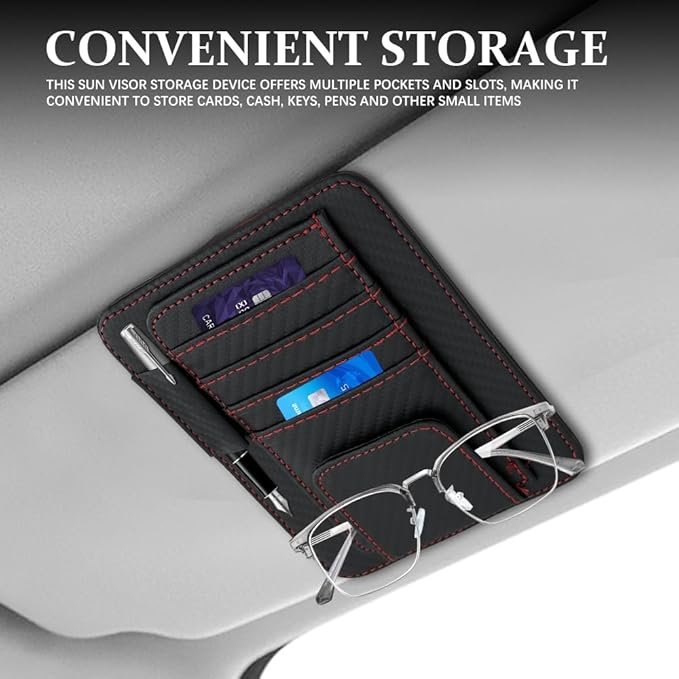 Small Leather Sun Visor Organizer, Visor Accessories, Multi-Pocket Sunvisor Storage with Sunglass Holder, Car Organizer for Drving License Card Pen Fits Most Vehicles (Carbon Fiber/Red Wire)