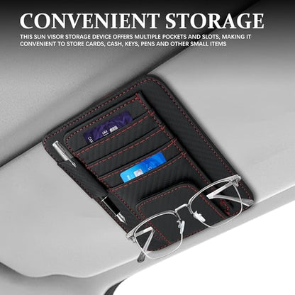 Small Leather Sun Visor Organizer, Visor Accessories, Multi-Pocket Sunvisor Storage with Sunglass Holder, Car Organizer for Drving License Card Pen Fits Most Vehicles (Carbon Fiber/Red Wire)