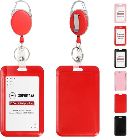 ID Badge Holder with Clip Badge Reels Retractable Heavy Duty Id Card with Carabiner Badge Reel with 24 inches Pull Cord for Office, School, Factory, Teacher (Red, Vertical)