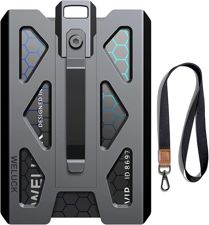 Badge Holder, Durable Aluminum ID Card Holder Wallet by WELUCK, 4 Cards/ID Badges Holder with Lanyard and Metal Clip, for Business Office Work Police Gift Outdoor (Black01)