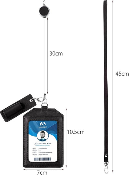 Office Badge Holder - Boshiho Genuine Leather Credit ID Card Holder with Stretch Neck Lanyard Vertical Style (Black)