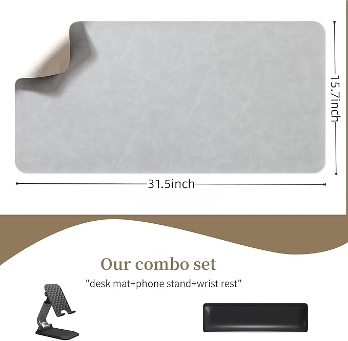 Leather Desk pad for Computer and laptops, Ideal for Gaming and Office use, Large Mouse pad and Keyboard mat,Desk mat for man. A complimentary Wrist pad and Phone Stand.(Gray-White, 15.7"x 31.5")