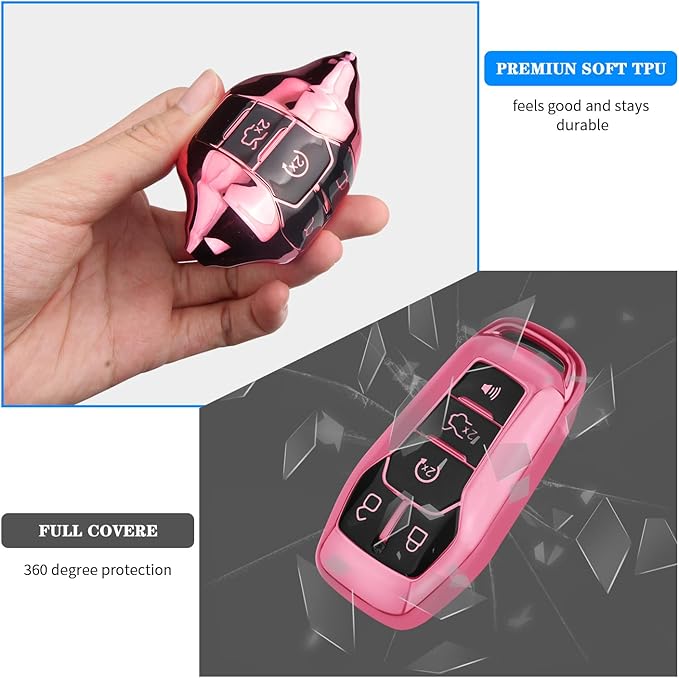 QBUC Ford Key Fob Cover with Keychain, Shell Compatible with Ford Explorer, F150, Lincoln MKC, MKX, MKZ, Fusion, Mustang, Edge Remote Vehicle Accessories (Pink)