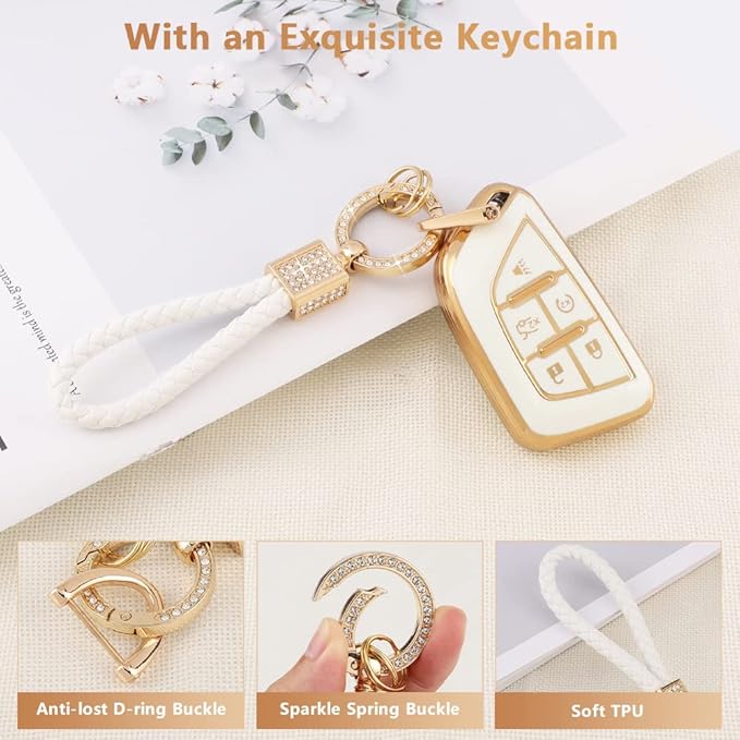 PIFOOG for Cadillac Key Fob Cover CT5 CT4 CT4-V Accessories 5 Buttons Soft TPU Car Smart Keys Shell Case Protector Full Covers Bling Keychain Lanyard Girly Women Cute White Gold
