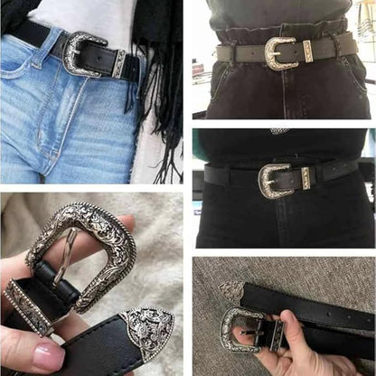 INOGIH Adjustable-Vintage-Western-Cowboy-Belt Women Men - Cowboy-Style Engraved-Buckle Belt for Jeans Pants Dresses