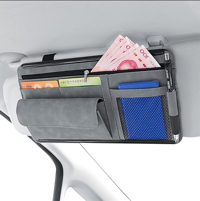 Car Sun Visor Organizer - Glasses Case, Note Holder, Suede Zipper, Card Holder - Gray