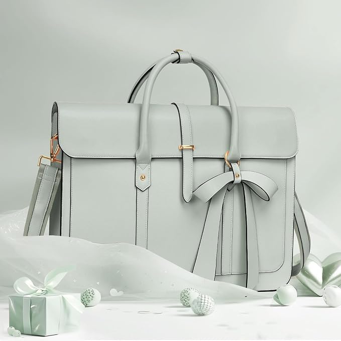 MOSISO Laptop Bag for Women, 13-14 inch PU Leather Laptop Shoulder Bags Convertible Backpack, 13.3 inch Messenger Bags Casual Handbag Work Briefcase Travel Computer Bag with Bowknot, Sage Green