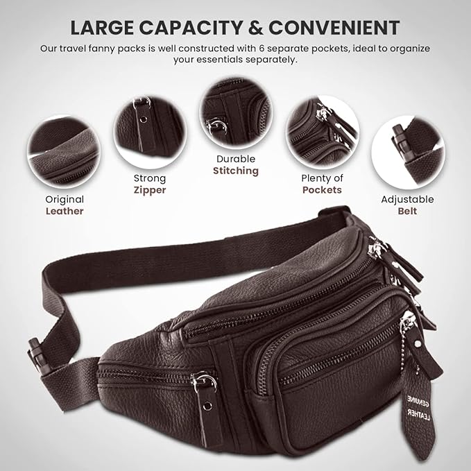 Fanny Pack Waist Bag Multifunction Genuine Leather Hip Bum Bag Travel Pouch for Men and Women- Multiple Pockets & Sturdy Zippers Ideal for Hiking Running And Cycling