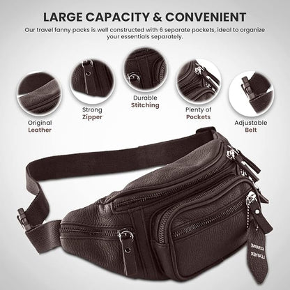 Fanny Pack Waist Bag Multifunction Genuine Leather Hip Bum Bag Travel Pouch for Men and Women- Multiple Pockets & Sturdy Zippers Ideal for Hiking Running And Cycling