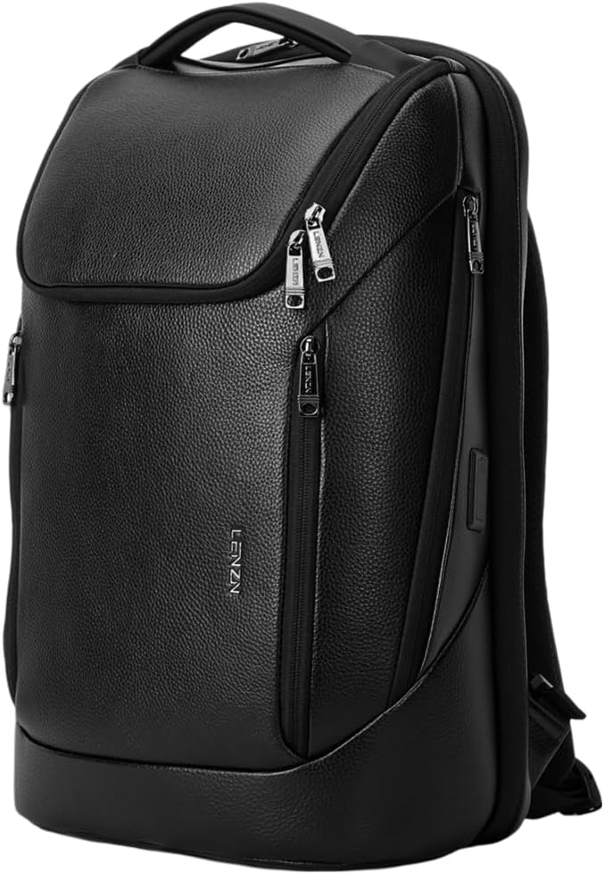 LENZN Durable Leather Laptop Business Backpack Perfect for Men & Women, Work Backpack Fits 15.6 Inch, Premium Quality Travel Bag with USB Charging Port, Water-Resistant, Bookbag with Multiple Pockets