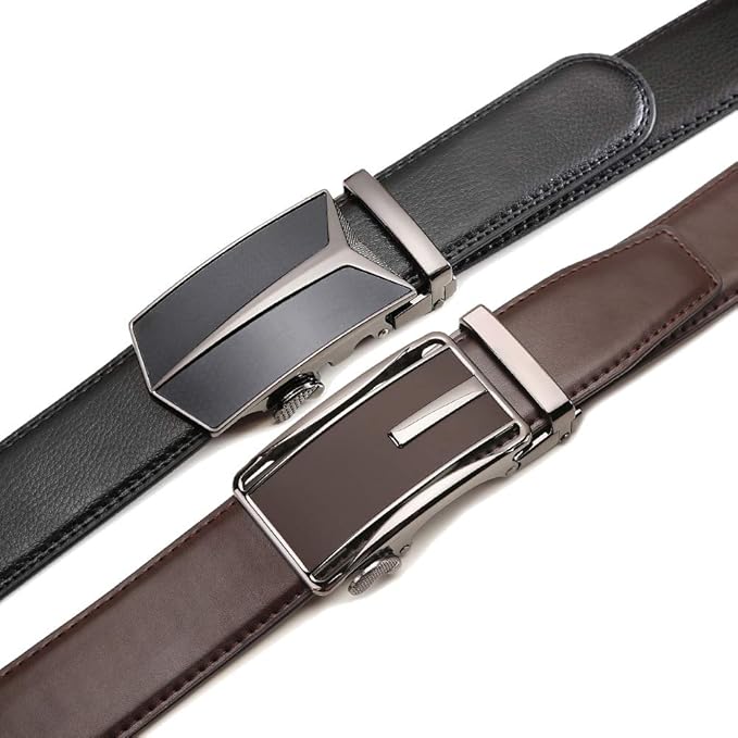 Founders & C Mens Belt 2 Pack,Leather Ratchet Click Belt Dress with Slide Buckle 1 3/8" in Gift Set Box- Size Adjustable