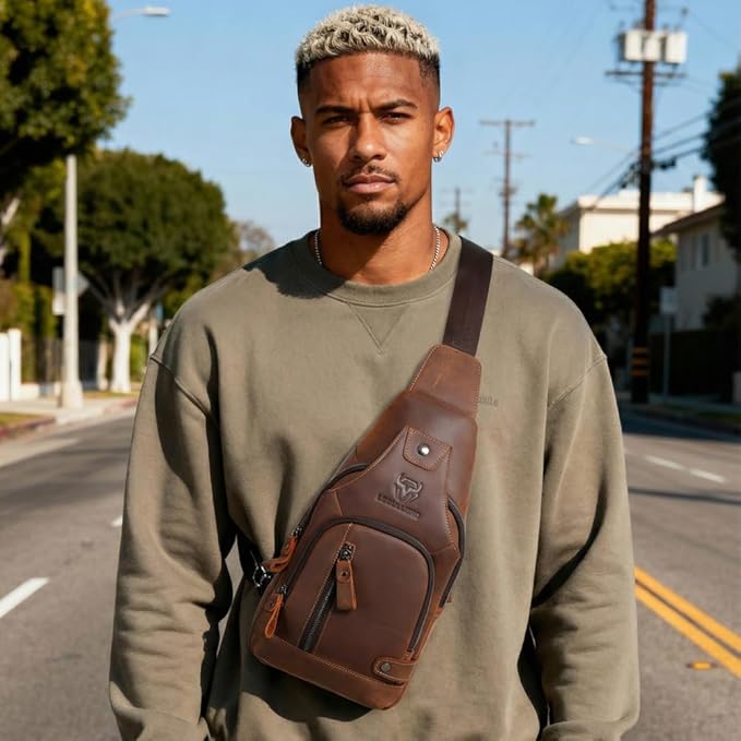 Sling Bag for Men Genuine Leather Chest Bag Crossbody Backpack Travel Hiking Outdoor Sports
