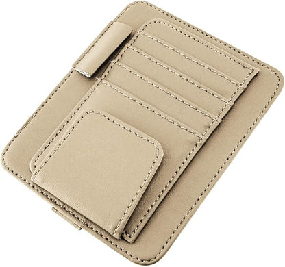 Leather Car Sun Visor Organizer, Multifunctional Auto Visor Document Holder with Sunglasses Clip, Universal Vehicle Interior Pocket Storage Accessories for Drving License, Card, Pen (Beige)