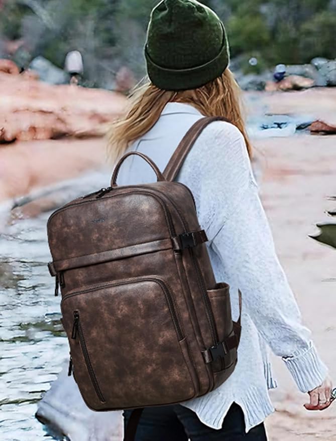Travel Backpack for Women and Men, Fits 17.0" Laptop, Stylish Lay-Flat Carry-on Vegan Leather Backpack with Luggage Strap for Travel and Daily Use