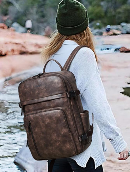 Travel Backpack for Women and Men, Fits 17.0" Laptop, Stylish Lay-Flat Carry-on Vegan Leather Backpack with Luggage Strap for Travel and Daily Use