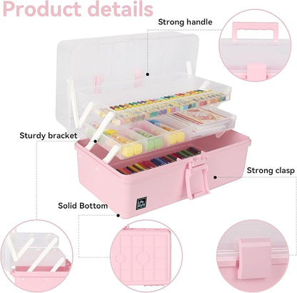 WEWLINE Hair Accessories Organizer 13-Inch Art Supply Bin Sewing Box 3-Layers Craft Storage Organizer with Handle Pink Tool Tackle Box Storage Great Gift for Kids