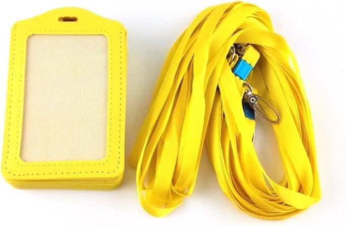 yueton 10pcs Vertical Style Leather Business ID Badge Card Holder, Name Card Business Card Holder Tag with Long Neck Strap Band Lanyard (Yellow)