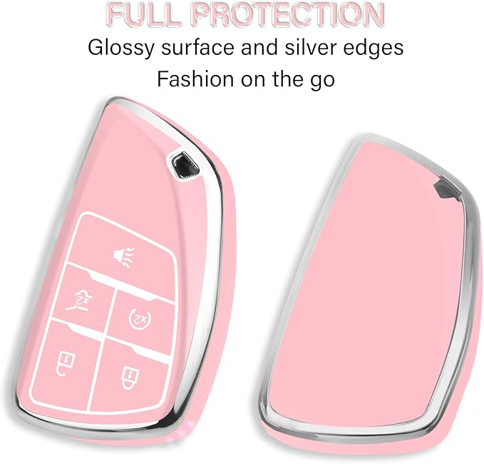 QBUC for Chevy Key Fob Cover with Keychain Soft TPU Protection Case Compatible with 2021-2026 Equinox Blazer Chevy Tahoe Suburban GMC Yukon Denali Silverado 5-Buttons(Chrome Trim Pink)