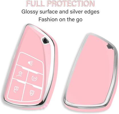 QBUC for Chevy Key Fob Cover with Keychain Soft TPU Protection Case Compatible with 2021-2026 Equinox Blazer Chevy Tahoe Suburban GMC Yukon Denali Silverado 5-Buttons(Chrome Trim Pink)