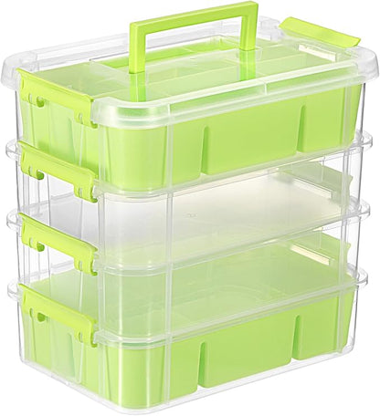 JUXYES 4-Tiers Stack Carry Storage Box With 2 Divided Tray, Transparent Stackable Storage Bin With Handle Lid Latching Storage Container for School & Office Supplies, Green