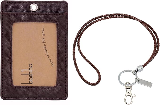 Boshiho Vertical Style PU Leather ID Card Badge Holder with Heavy Duty Lanyard (Brown)