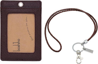 Boshiho Vertical Style PU Leather ID Card Badge Holder with Heavy Duty Lanyard (Brown)