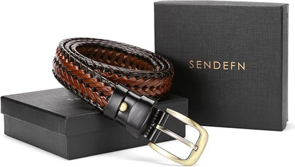 SENDEFN Leather Braided Belts for Men, 1 3/8" Casual Woven Leather Belt for Men Jeans Golf Dress Pants with Gift Box