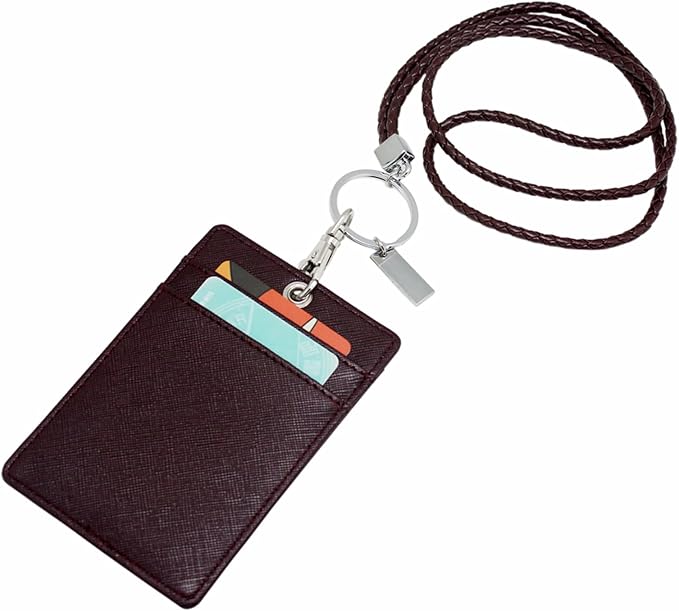 Boshiho Vertical Style PU Leather ID Card Badge Holder with Heavy Duty Lanyard (Brown)