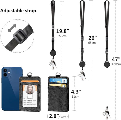 Leather Badge Holder and Adjustable Retractable Lanyards, Quick Release Buckle and Safety Breakaway Lanyards with Swivel Metal Clasp for Offices, Staff, Students, Employees