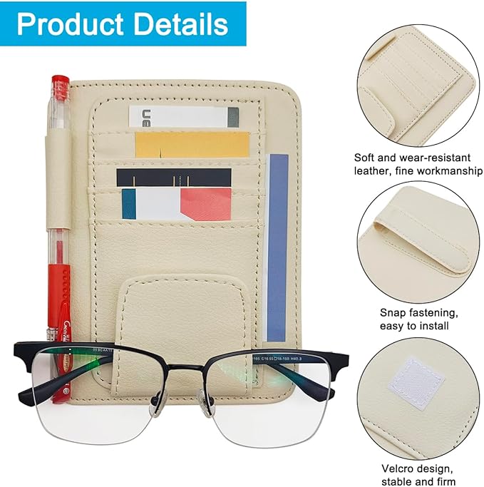 SENHAI Car Sun Visor Organizer for Car, 2 Pcs Small Leather Car Card Sleeve Pocket Organizer, Car Visor Organizer Storage Pouch for Hold Card, Sunglass Holder, Pen (Beige & Black)
