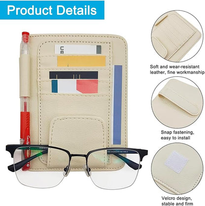 SENHAI Car Sun Visor Organizer for Car, 2 Pcs Small Leather Car Card Sleeve Pocket Organizer, Car Visor Organizer Storage Pouch for Hold Card, Sunglass Holder, Pen (Beige & Black)