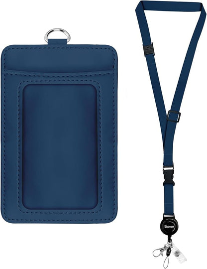 bolimoss Badge Holder with Lanyard, Leather ID Name Badge Card Holder with Retractable Reels Safety Quick Release Buckles and Adjustable Lanyard Straps for Teacher Student Nurse Doctor Navy Blue