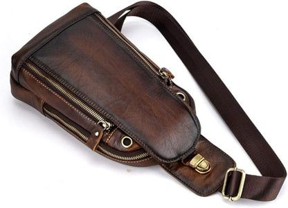 Hebetag Leather Sling Bag Crossbody Backpack for Men Women Outdoor Travel Camping Hiking Shoulder Chest Day Pouch Casual Vintage Sling Daypack Coffee