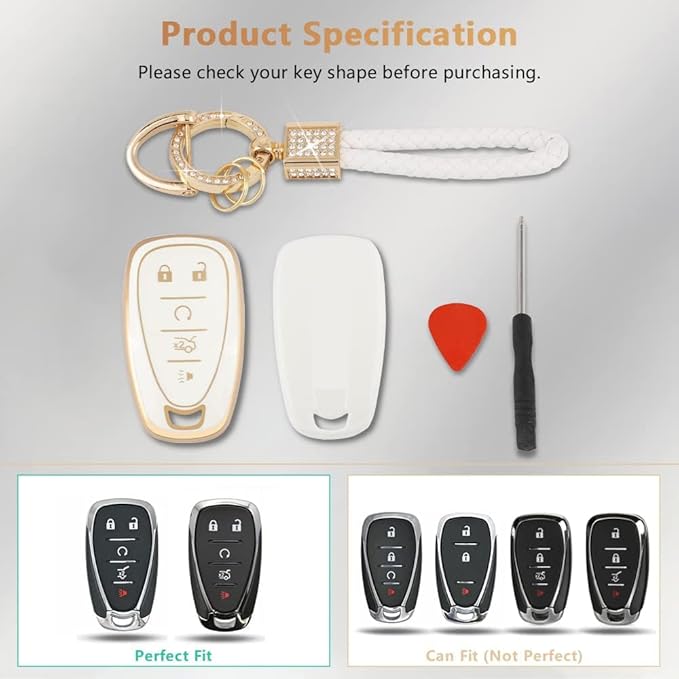 PIFOOG Key Fob Case for Chevy TPU 5 Button Keys Cover Shell Glittering Car Keychain for Malibu Equinox Trax Camaro Blazer Traverse Trailblazer Spark Girly Cute White Gold