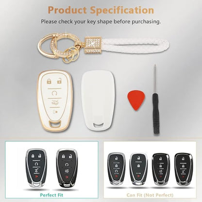 PIFOOG Key Fob Case for Chevy TPU 5 Button Keys Cover Shell Glittering Car Keychain for Malibu Equinox Trax Camaro Blazer Traverse Trailblazer Spark Girly Cute White Gold