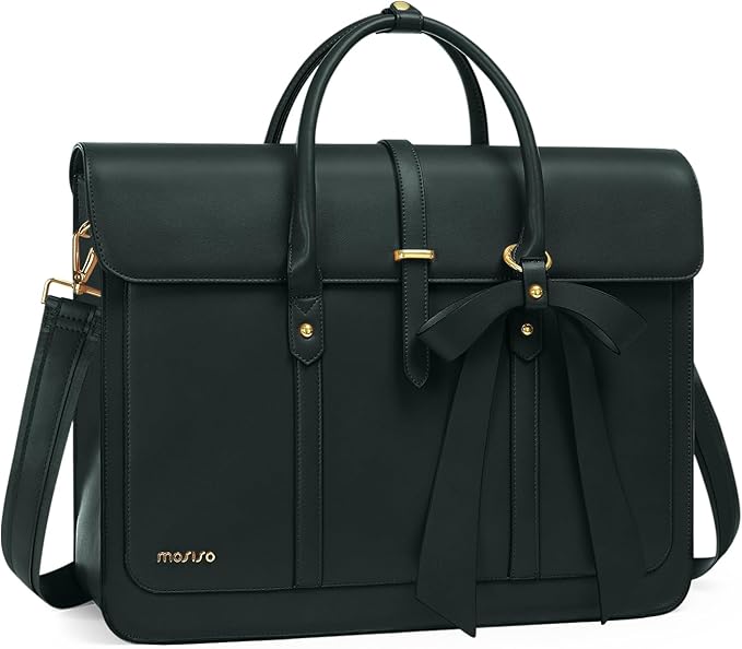 MOSISO Laptop Bag for Women, 15-15.6 inch PU Leather Laptop Shoulder Bags Convertible Backpack, 16 inch Messenger Bags Casual Handbag Work Briefcase Travel Computer Bag with Bowknot, Midnight Green