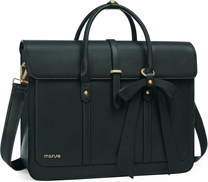 MOSISO Laptop Bag for Women, 15-15.6 inch PU Leather Laptop Shoulder Bags Convertible Backpack, 16 inch Messenger Bags Casual Handbag Work Briefcase Travel Computer Bag with Bowknot, Midnight Green