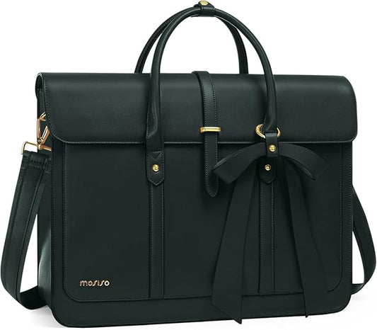 MOSISO Laptop Bag for Women, 15-15.6 inch PU Leather Laptop Shoulder Bags Convertible Backpack, 16 inch Messenger Bags Casual Handbag Work Briefcase Travel Computer Bag with Bowknot, Midnight Green