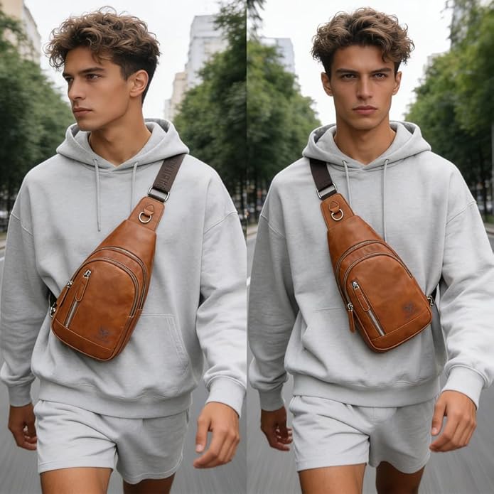 Crossbody Bags for Men Leather Sling Bags Mens Chest Bag Backpack Travel Hiking Fishing Outdoor Sports