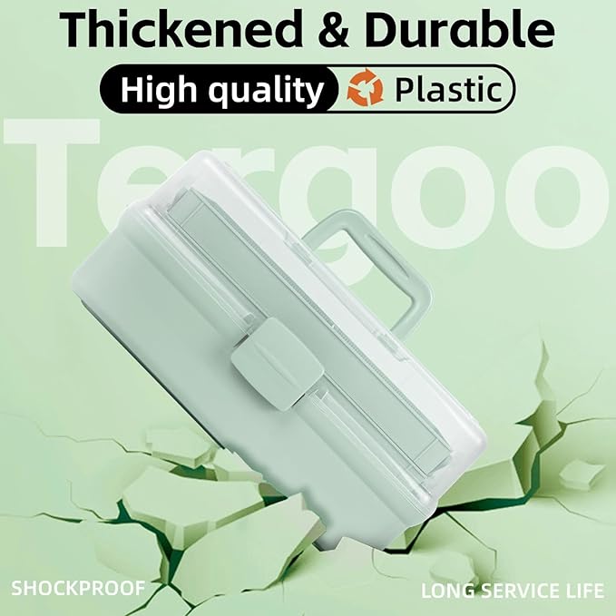 TERGOO 14in 3-Layer Multipurpose Craft Organizers and Storage with Adjustable Dividers, Portable Tackle Box, Folding Art & Craft Case for Medicine, Tool, Sewing Organizer (Haze Green, X-Large)