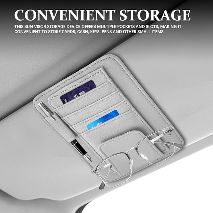 Small Leather Sun Visor Organizer, Visor Accessories, Multi-Pocket Sunvisor Storage with Sunglass Holder, Car Organizer for Drving License Card Pen Fits Most Vehicles (Grey)