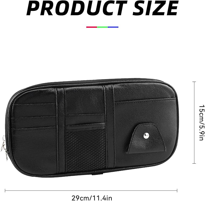 Car Sun Visor Organizer, Multi-Pocket PU Leather Sunglass Holder and Storage Pocket with Net Zipper, Card Sleeve Pocket Organizer, Auto Interior Accessories for Vehicle, Truck, SUV (Black)